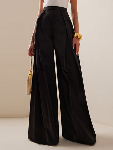 Pleated Solid Color Split-Joint High Waisted Loose Trousers Suit Pants Pants