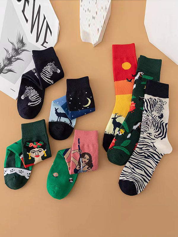 Animal Printed Contrast Color Split-Joint Sweat-Absorbing Socks Accessories