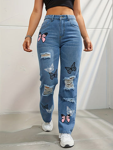 Butterfly Print Fringed Ripped Split-Joint High Waisted Jean Pants Bottoms