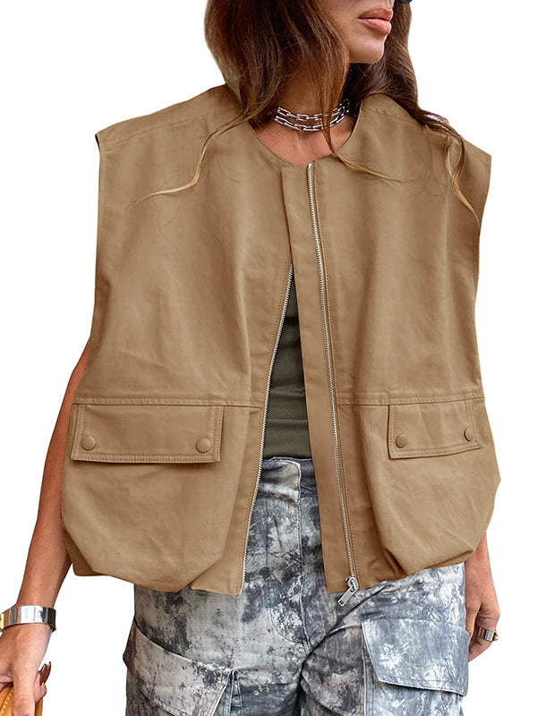 Pockets Split-Joint Zipper Loose Sleeveless Round-Neck Vest Outerwear