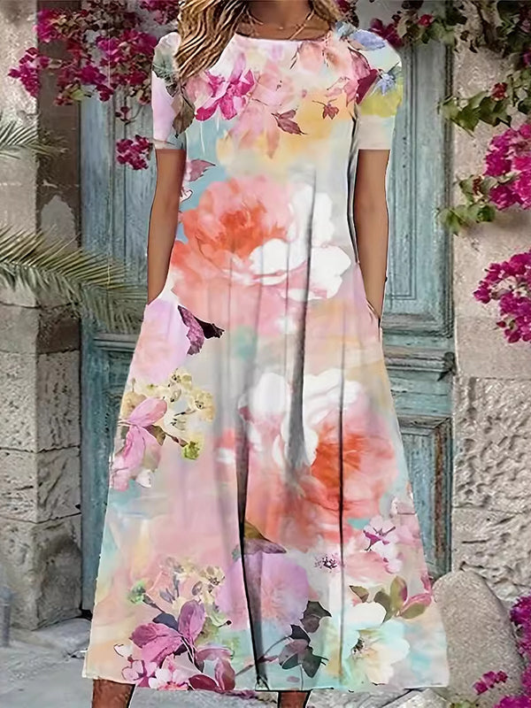 Floral Printed Short Sleeves Round-neck Midi Dresses