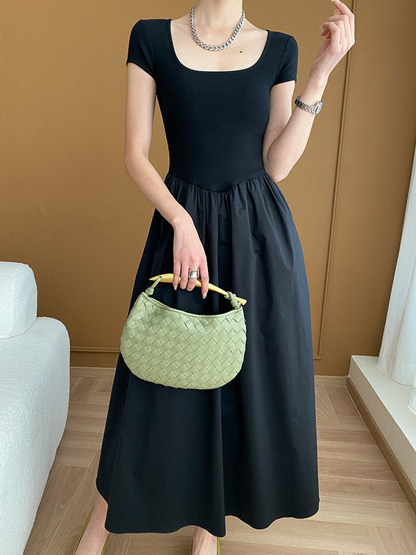 Pleated Solid Color A-Line High Waisted Square-Neck Midi Dresses