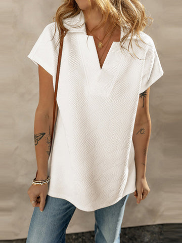 Solid Color Loose Short Sleeves V-Neck T-Shirts Tops