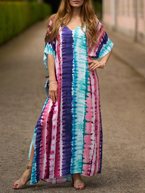 Contrast Color Printed Split-Side Batwing Sleeves Loose V-Neck Maxi Dresses Beach Cover-Up