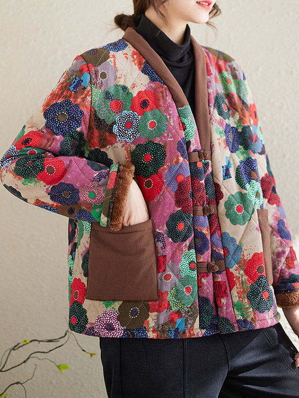 Buttoned Flower Print Pockets Split-Joint Velvet Long Sleeves Loose V-Neck Padded Coat Outerwear