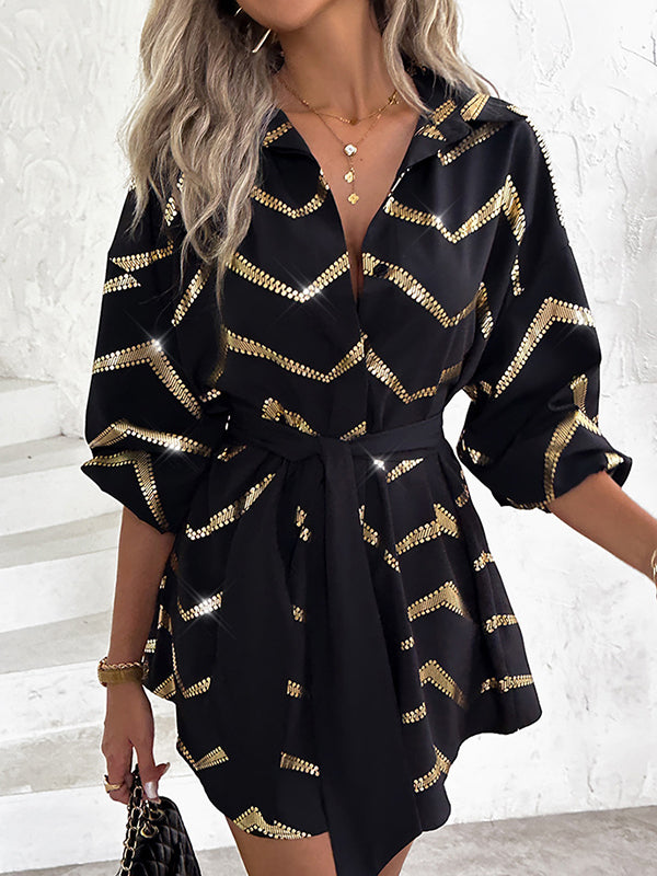 Buttoned Elasticity Striped Tied Waist Long Sleeves Loose Lapel Shirt Dress Mini Dresses