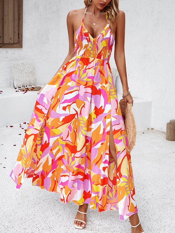 Backless Elasticity Pleated Printed Split-Side Tied High Waisted Sleeveless Halter-Neck Maxi Dresses