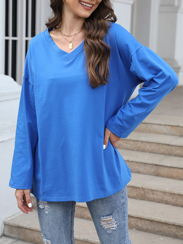 See-Through Solid Color Split-Joint Long Sleeves Loose V-neck T-shirts