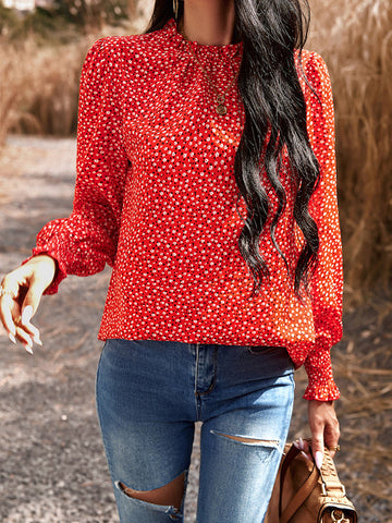 Elasticity Flower Print Ruffled Long Sleeves Loose Mock Neck Blouses&Shirts Tops