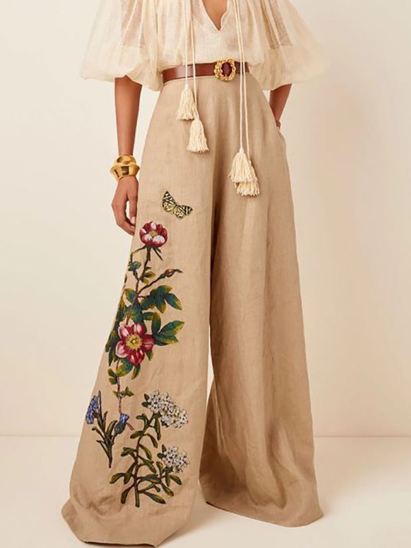 Belted Flower Print Pockets High Waisted Loose Trousers Pants