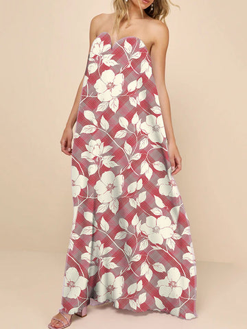 Chest Pad Flower Print A-Line Loose Tube Maxi Dresses