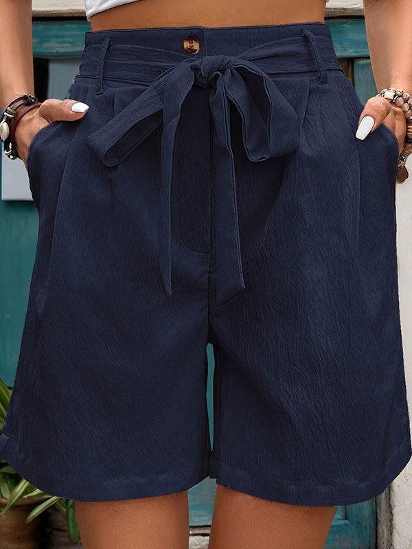 Buttoned Elasticity Pleated Pockets Tied Waist High Waisted Loose Shorts Bottoms