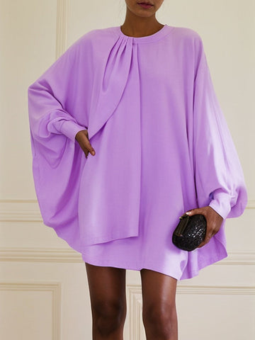 Pleated Solid Color Batwing Sleeves Long Sleeves Round-neck Mini Dresses