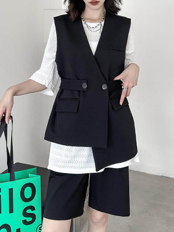 Asymmetric Split-Joint Tied Waist Loose Sleeveless V-neck Vest Outerwear