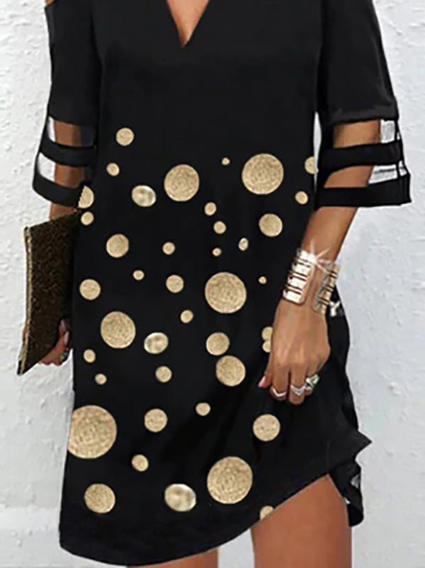 Hollow Mesh Polka-Dot Split-Joint Half Sleeves Loose Cold Shoulder Mini Dresses