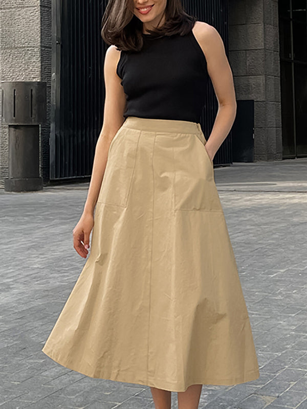 Solid Color Split-Joint A-Line High Waisted Skirts