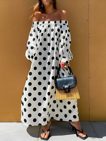 Elasticity Polka-Dot Split-Joint A-Line Long Sleeves Off-The-Shoulder Maxi Dresses