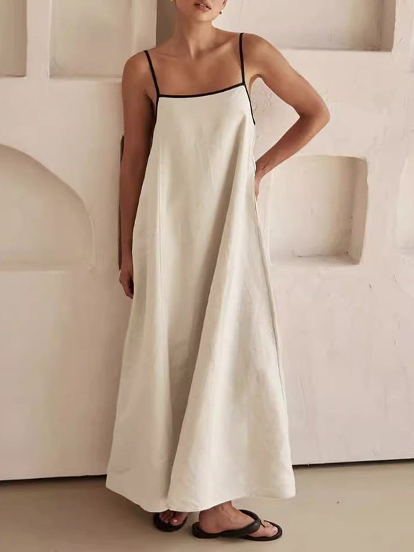 Split-Joint A-Line Loose Spaghetti-Neck Maxi Dresses