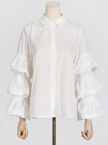 Buttoned Pleated Ruffled Solid Color Split-Joint Long Sleeves Loose Lapel Blouses&Shirts Tops