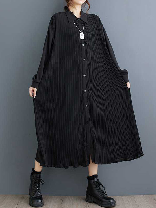 Buttoned Pleated Pockets Split-Joint A-Line Long Sleeves Lapel Shirt Dress Midi Dresses