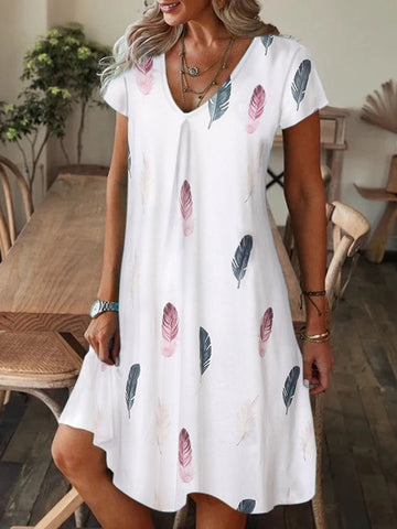 Feathers Printed Loose Short Sleeves V-neck Mini Dresses