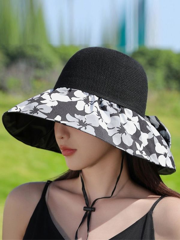 Bowknot Flower Print Pleated Split-Joint Sun Protection Sun Hat Fisherman Hat