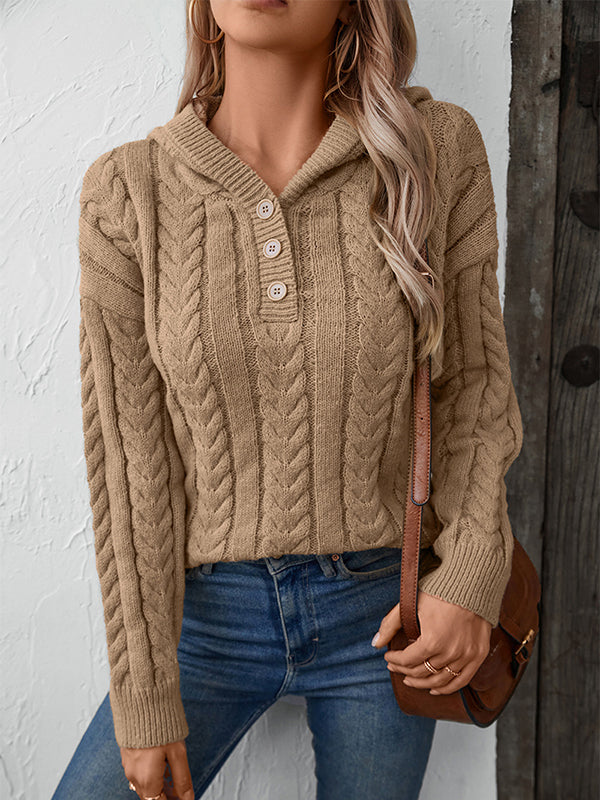 Buttoned Solid Color Split-Joint Hooded Long Sleeves Sweater Tops