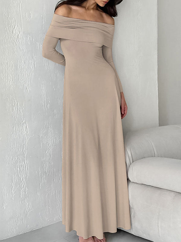 Solid Color High Waisted Long Sleeves Off-The-Shoulder Maxi Dresses