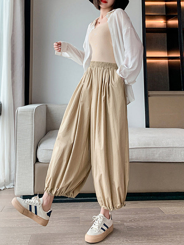 Drawstring Elasticity Pleated Solid Color Split-Joint High Waisted Loose Trousers Pants Ninth Pants Knickerbockers