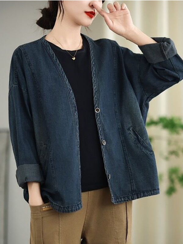 Buttoned Pockets Solid Color Split-Joint Long Sleeves Loose V-Neck Outerwear