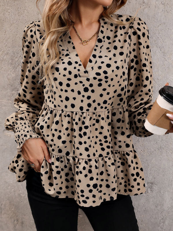 Elasticity Polka-Dot Split-Joint Long Sleeves Loose V-Neck Blouses&Shirts Tops