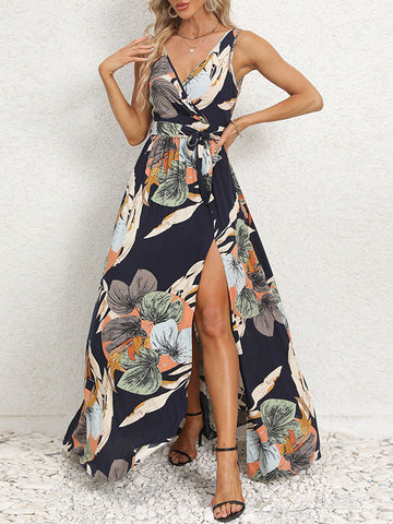 Flower Print Pleated Split-Front Tied Waist A-Line Loose V-Neck Maxi Dresses