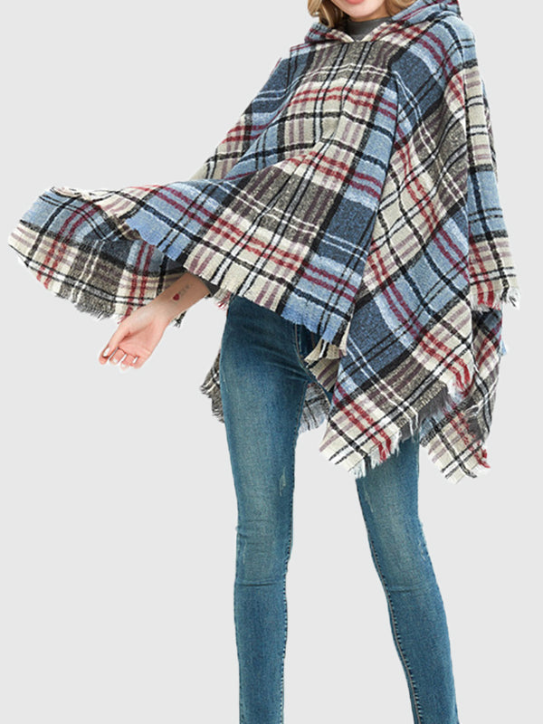 Fringed Hooded Keep Warm Plaid Shawl&Cloak Cape