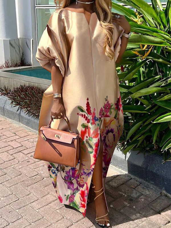 Elasticity Flower Print Split-Front A-Line Half Sleeves V-Neck Maxi Dresses