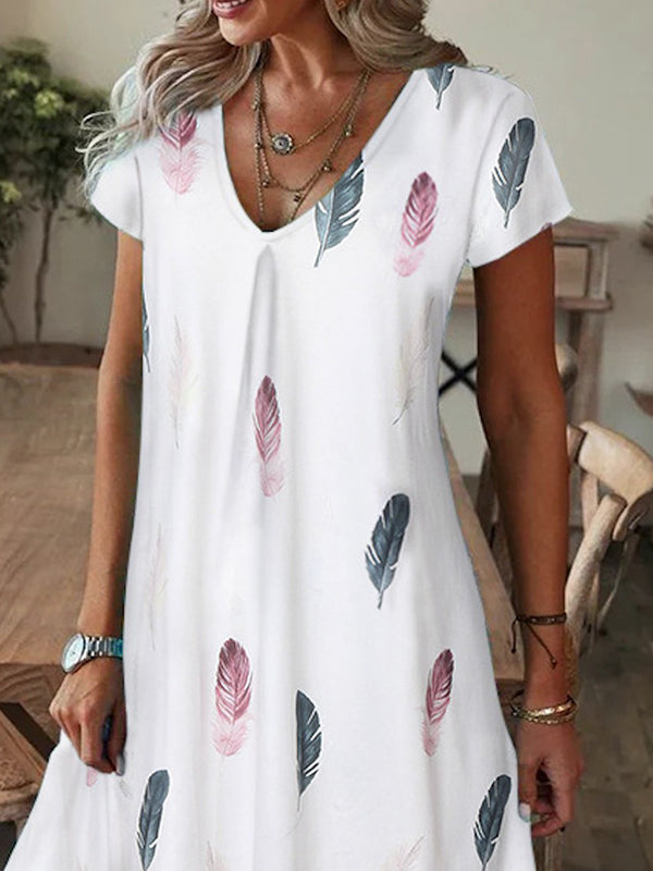 Feathers Printed Loose Short Sleeves V-neck Mini Dresses