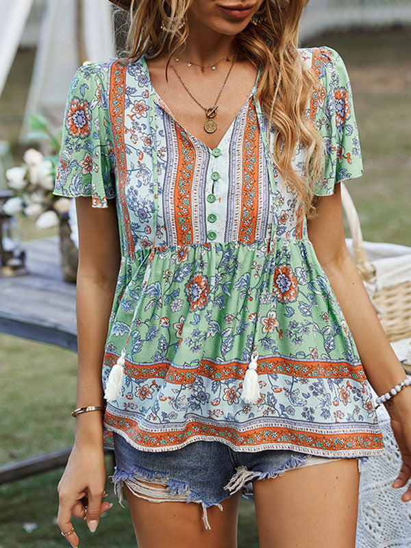 Buttoned Flower Print Split-Joint Tasseled Tied Loose Short Sleeves V-Neck T-Shirts Tops