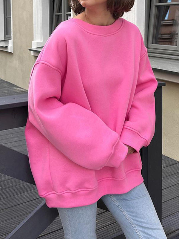 Solid Color Long Sleeves Loose Round-Neck Sweatshirt Tops