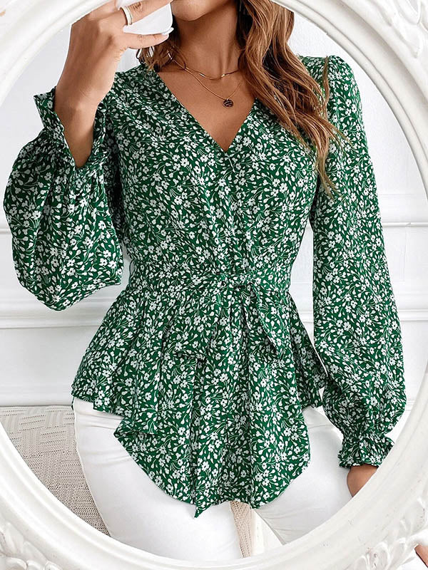 Flower Print Tied Waist Flared Sleeves Long Sleeves V-Neck Blouses&Shirts Tops