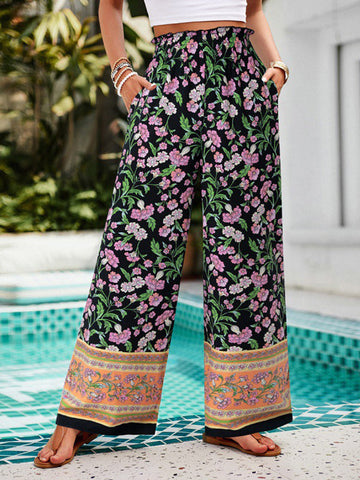 Elasticity Flower Print Pleated Pockets High Waisted Loose Trousers Pants