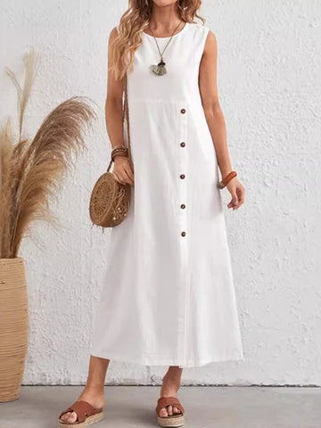 Asymmetric Buttoned Split-front Split-Joint Loose Sleeveless Round-neck Midi Dresses