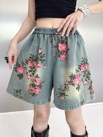 Elasticity Floral Printed Split-Joint Loose Wide Leg Shorts Bottoms