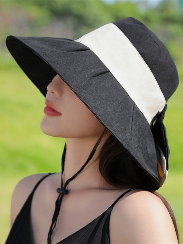 Bowknot Contrast Color Pleated Split-Joint Sun Hat Fisherman Hat