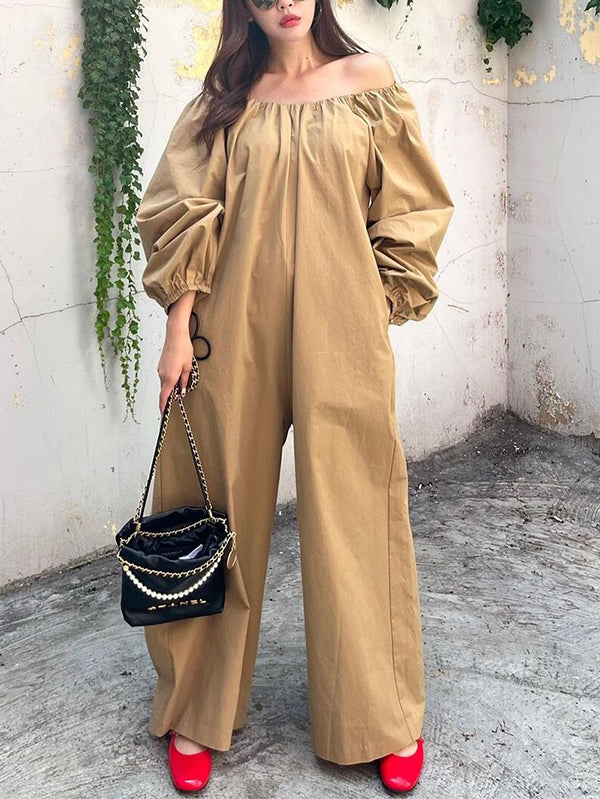 Elasticity Pleated Pockets Solid Color Long Sleeves Loose Round-neck Jumpsuits