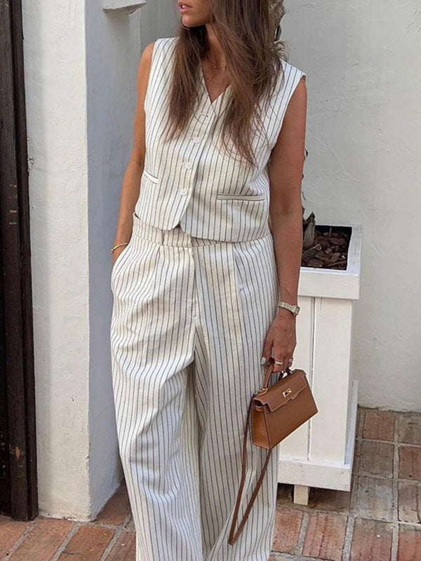 Striped Loose Sleeveless Buttoned V-Neck Vest Top + Pockets Pants Bottom Two Pieces Set