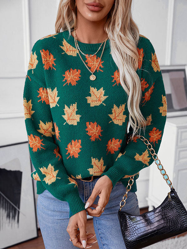 Contrast Color Jacquard Knitted Leaves Split-Joint Long Sleeves Loose Round-Neck Sweater Tops Pullovers