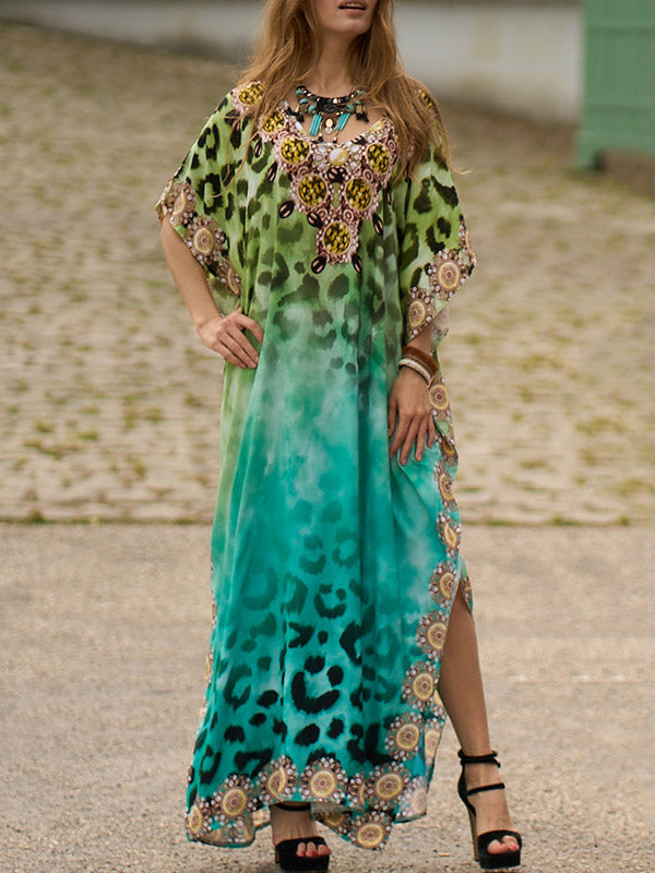 Leopard Printed Split-side Batwing Sleeves Loose V-neck Maxi Dresses Beach Cover-Up