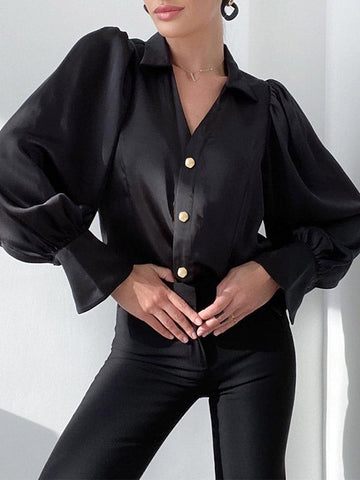 Buttoned Solid Color Long Sleeves Loose Lapel Blouses&shirts Tops