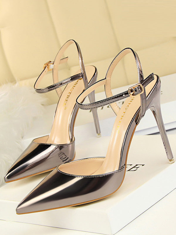 Belt Buckle Pointed-Toe Shiny Split-Joint Sandals Pumps