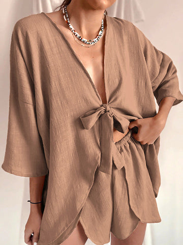 Solid Color Tied Half Sleeves V-Neck Shirts Top + High Waisted Elasticity Shorts Bottom Two Pieces Set