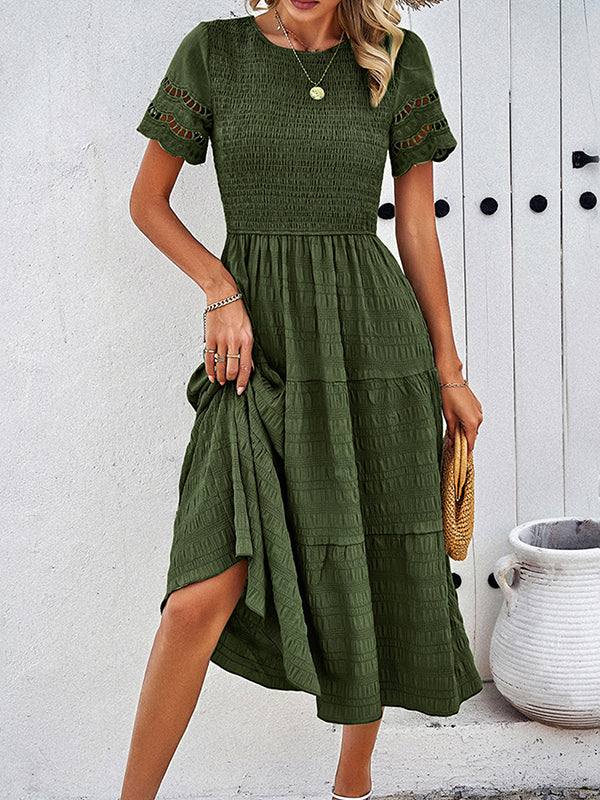 Elasticity Hollow Solid Color Split-Joint A-Line Loose Round-Neck Midi Dresses